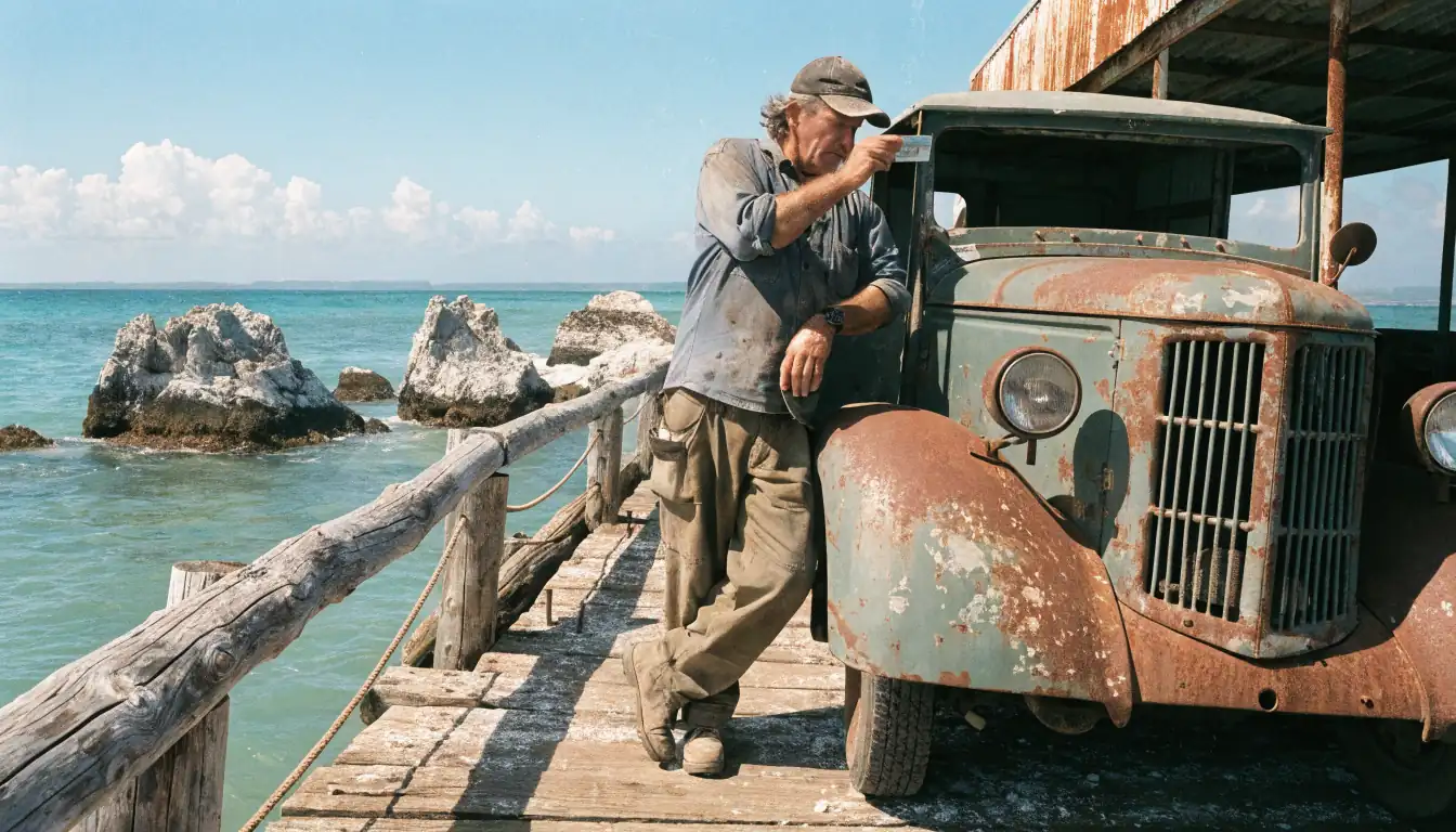 Mechanic examining an ID card on a jetty.