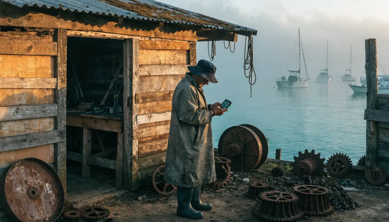 Fisherman checking PayID withdrawal confirmation.