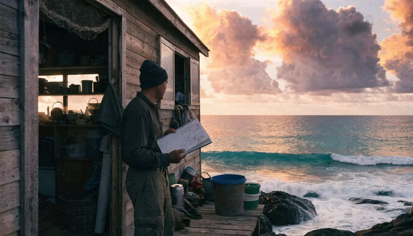 Fisherman holding a notebook on trailer porch.