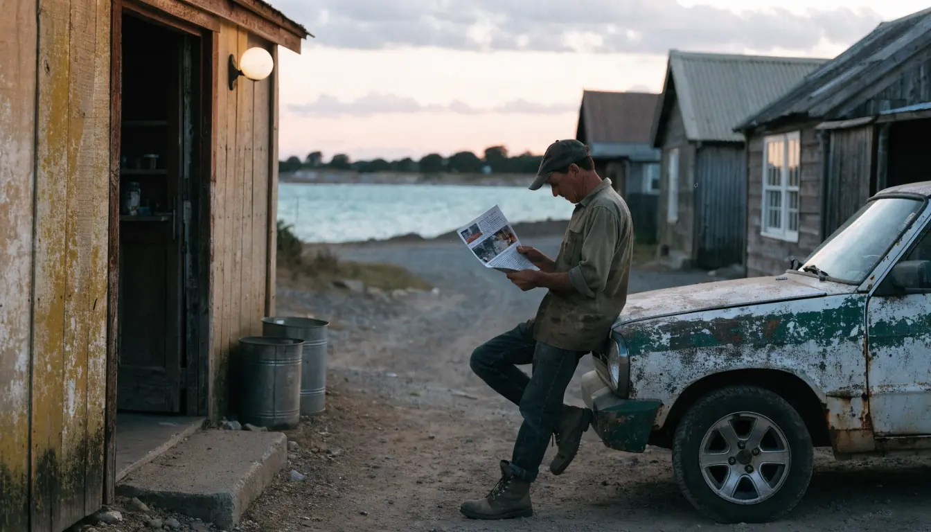 Mechanic reading casino bonus flyer in village.