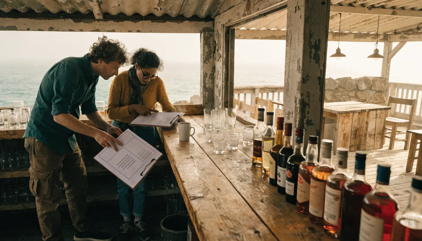 Two people reviewing article outline at beach pub.