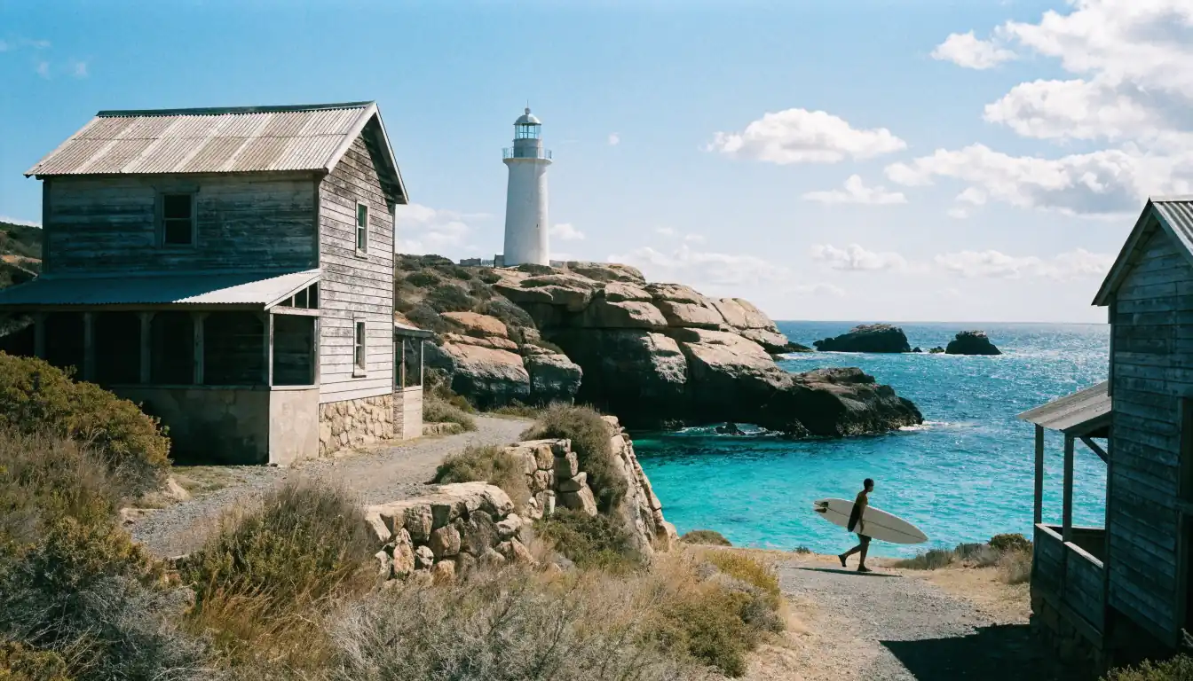 Lighthouse, surfer, bright midday coast