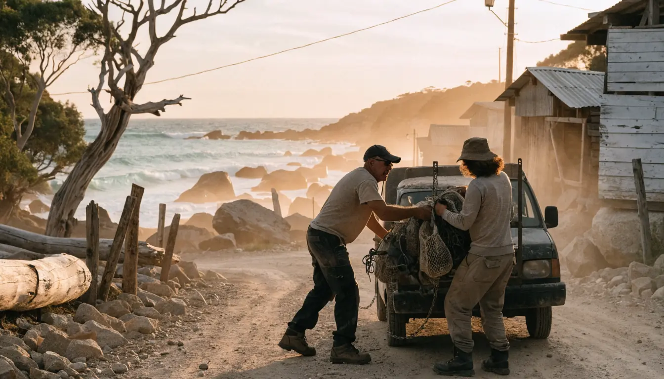 Two workers on dusty twilight coastal road