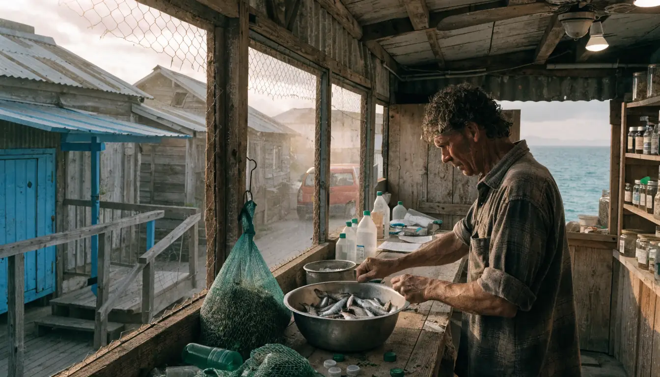 Shopkeeper behind counter in foggy fishing village