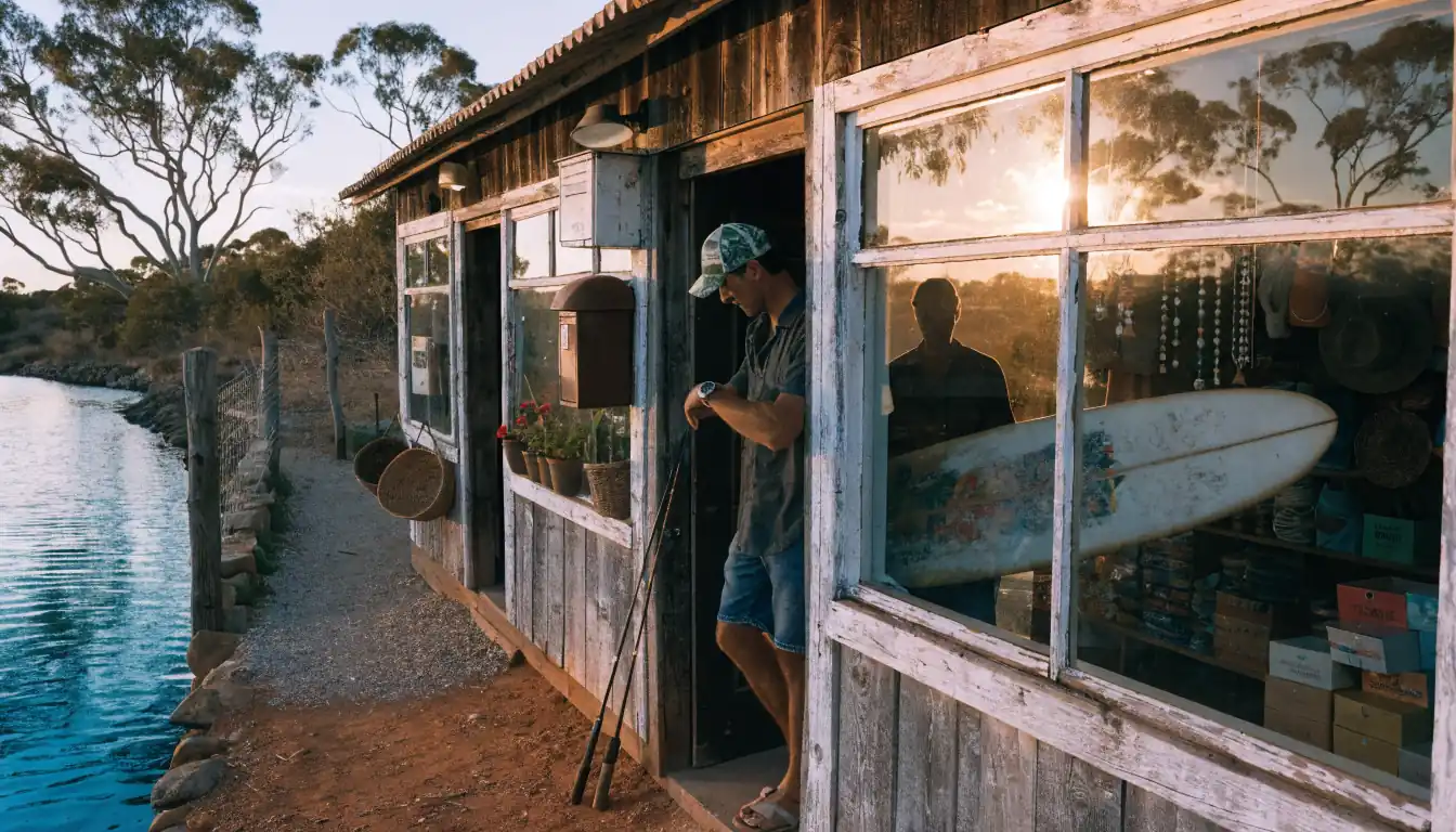 Sunset roadhouse, surfer checking watch.