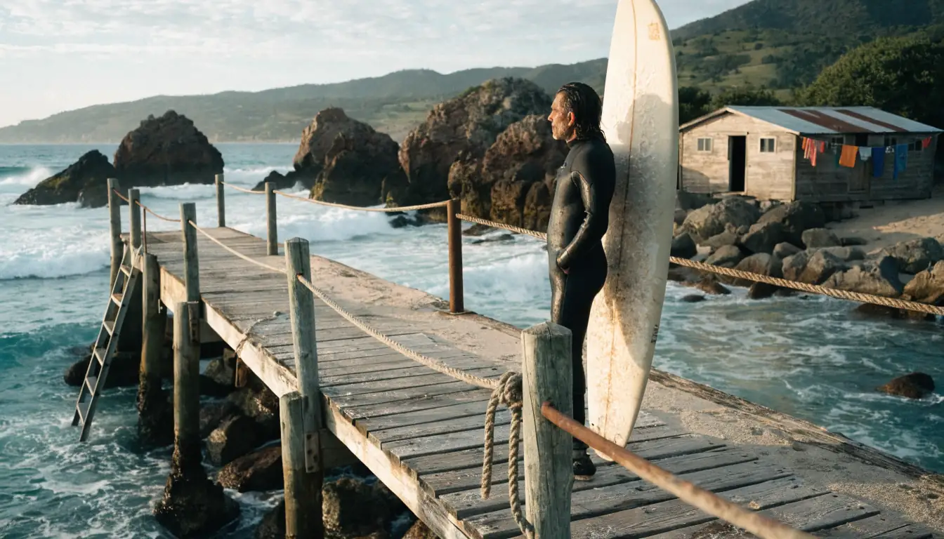 Jetty at sunset, surfer with board.