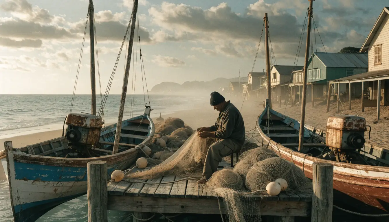 Fisherman repairing nets on a twilight beach.