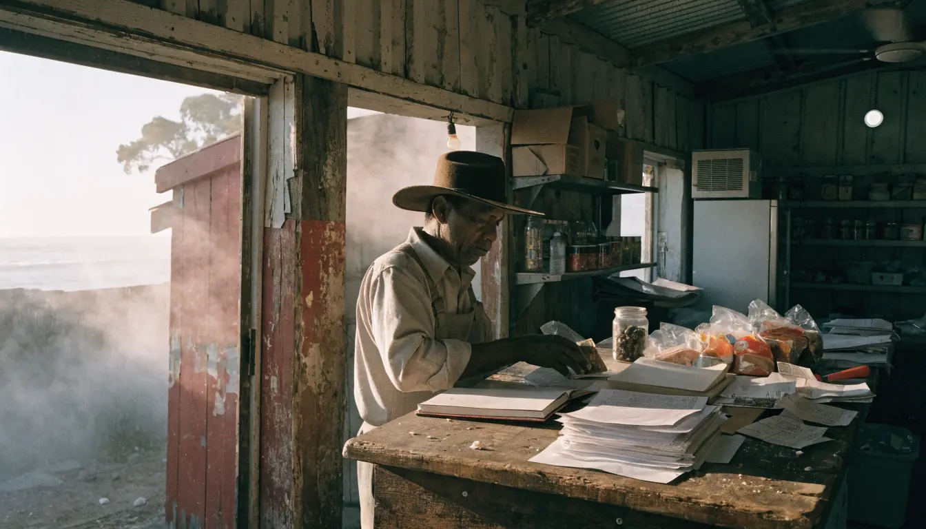 Shopkeeper behind counter in foggy roadhouse.