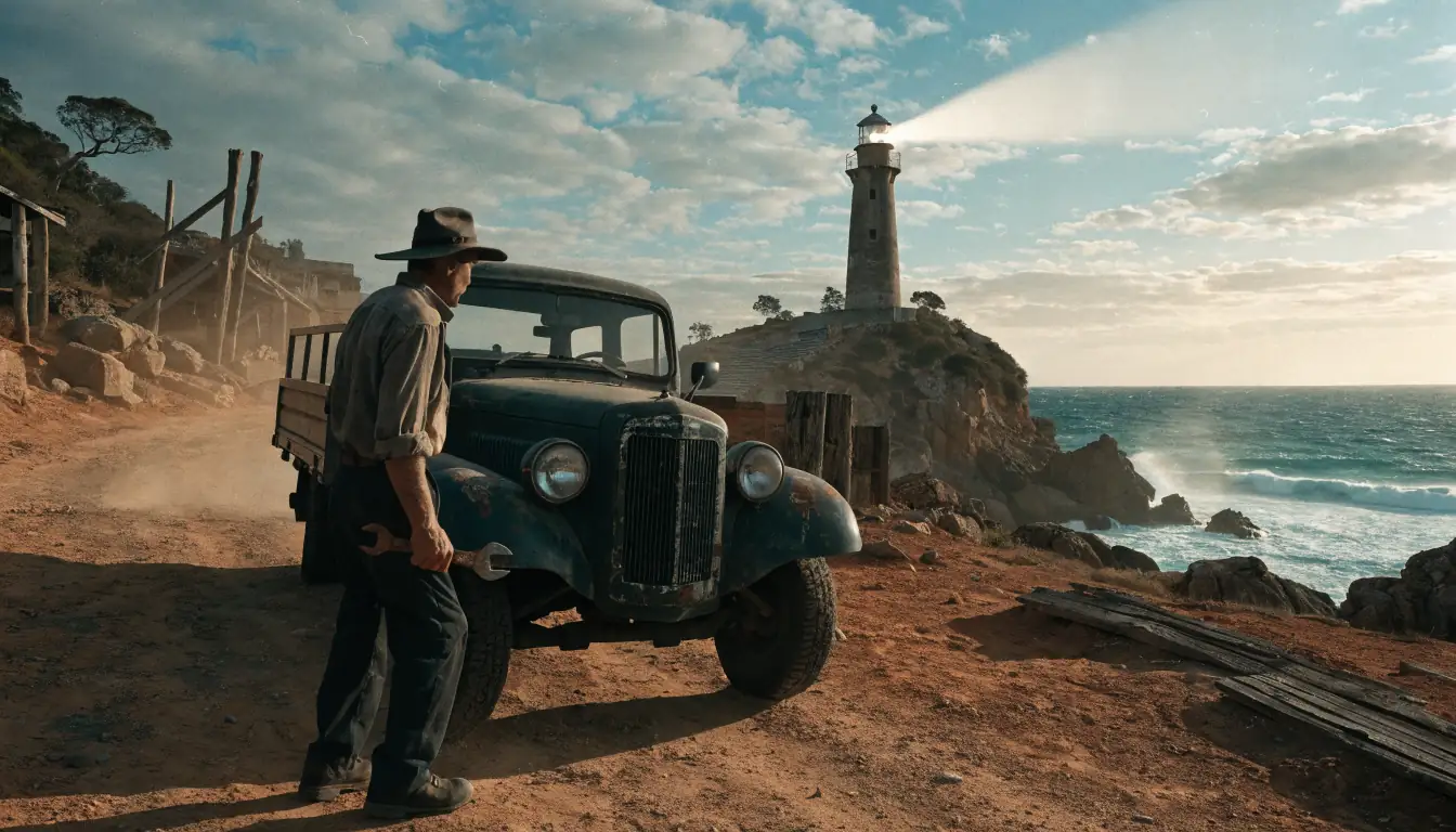 Mechanic by old ute near lighthouse at dusk