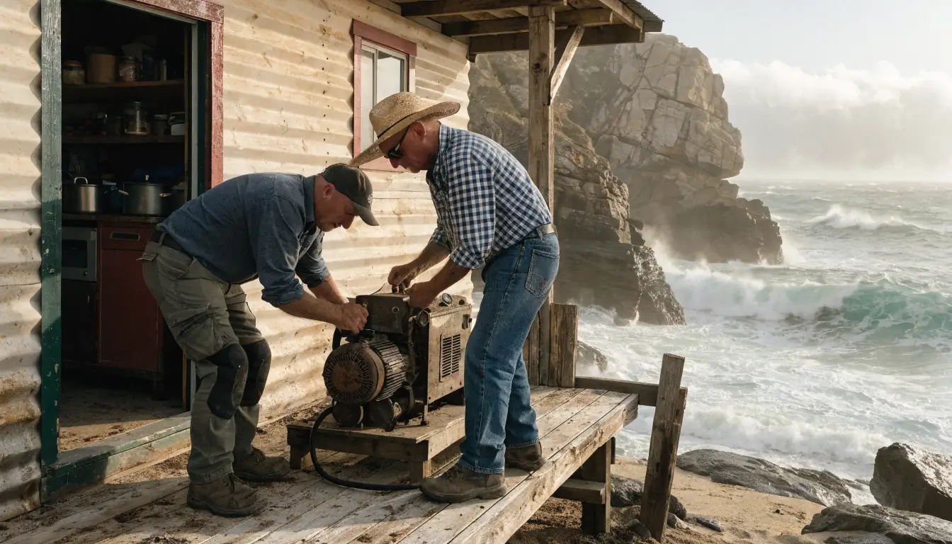Two people working by a coastal trailer at dawn