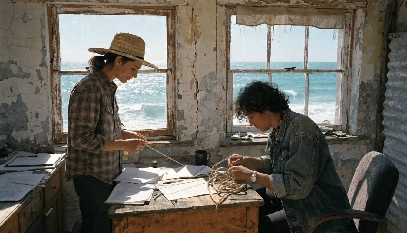 Two people repairing a desk in a sunny shack.