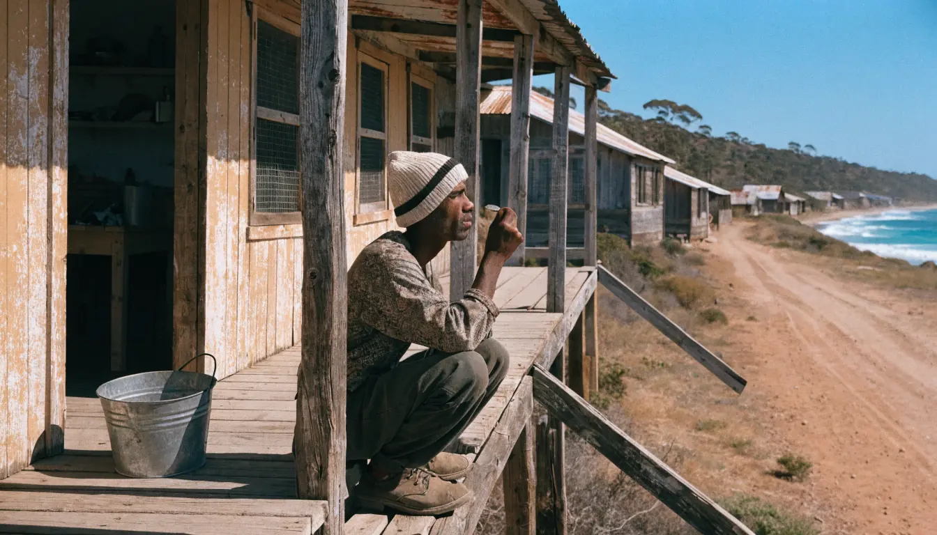 Person on verandah holding a single coin