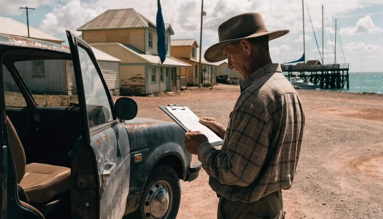 Mechanic inspecting a clipboard beside old ute