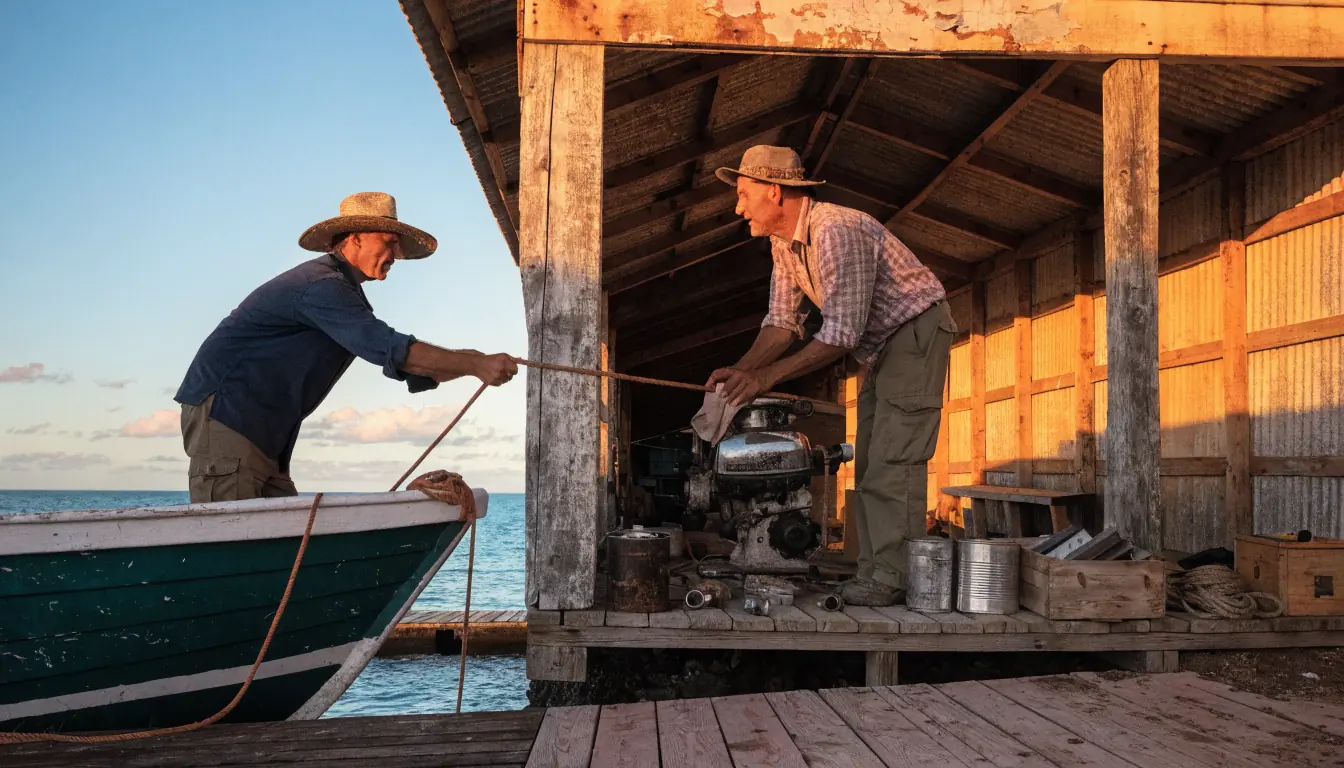 Two workers in boat shed at sunset