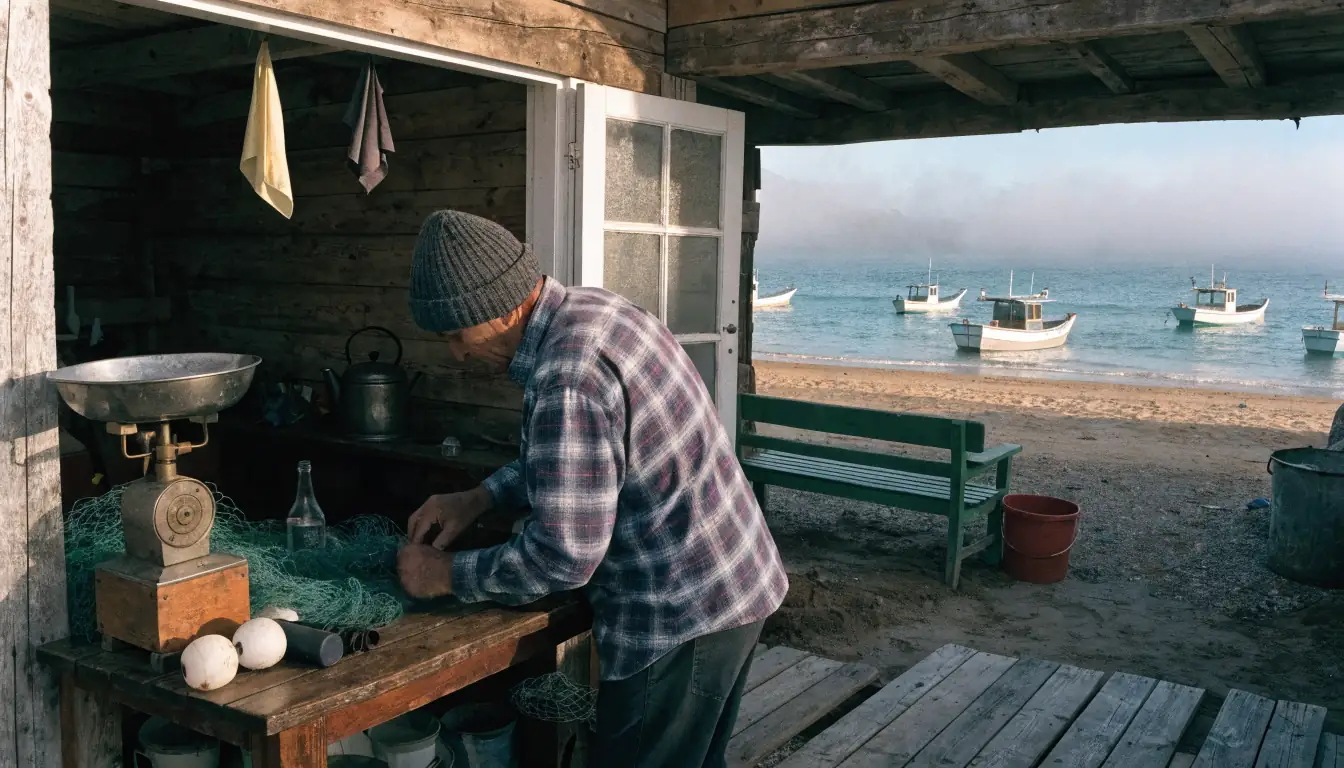 Shopkeeper behind counter on foggy beach