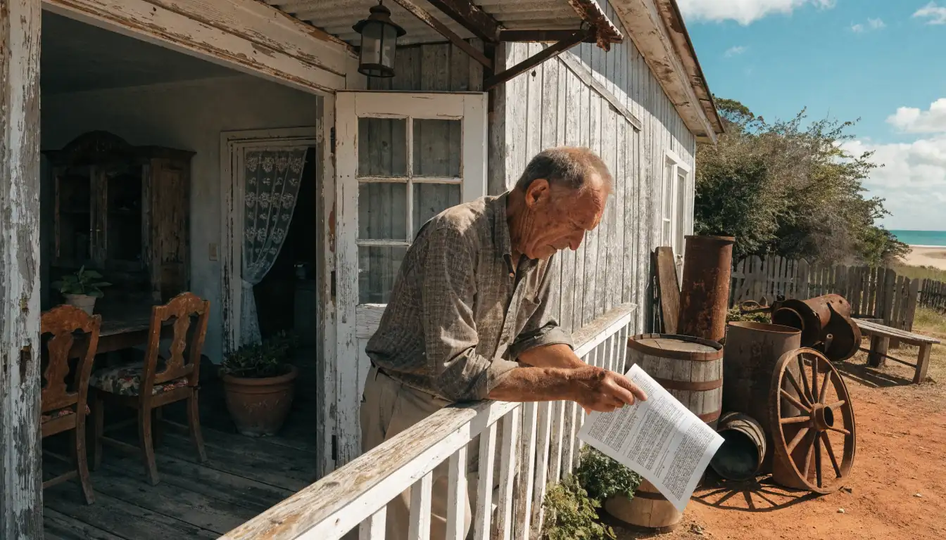 Man reading casino terms on rusted yard verandah