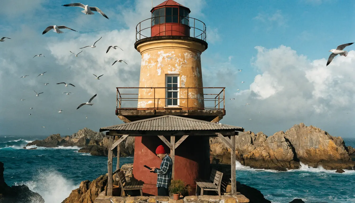 Person reviewing casino bonus near foggy lighthouse