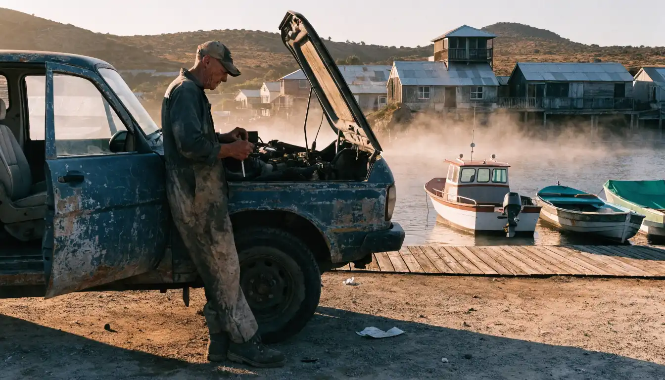 Mechanic inspecting old ute in foggy fishing village