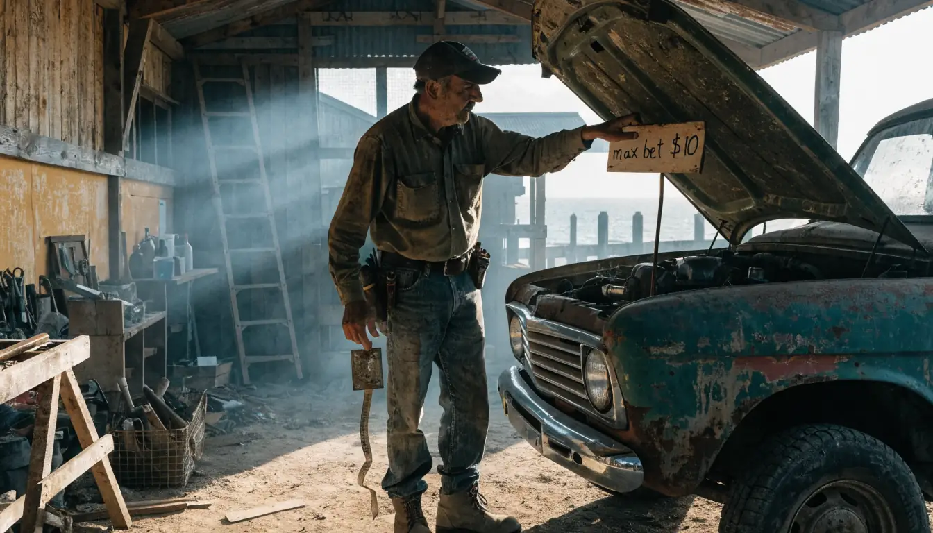 Mechanic showing $10 bet limit sign in foggy boat shed