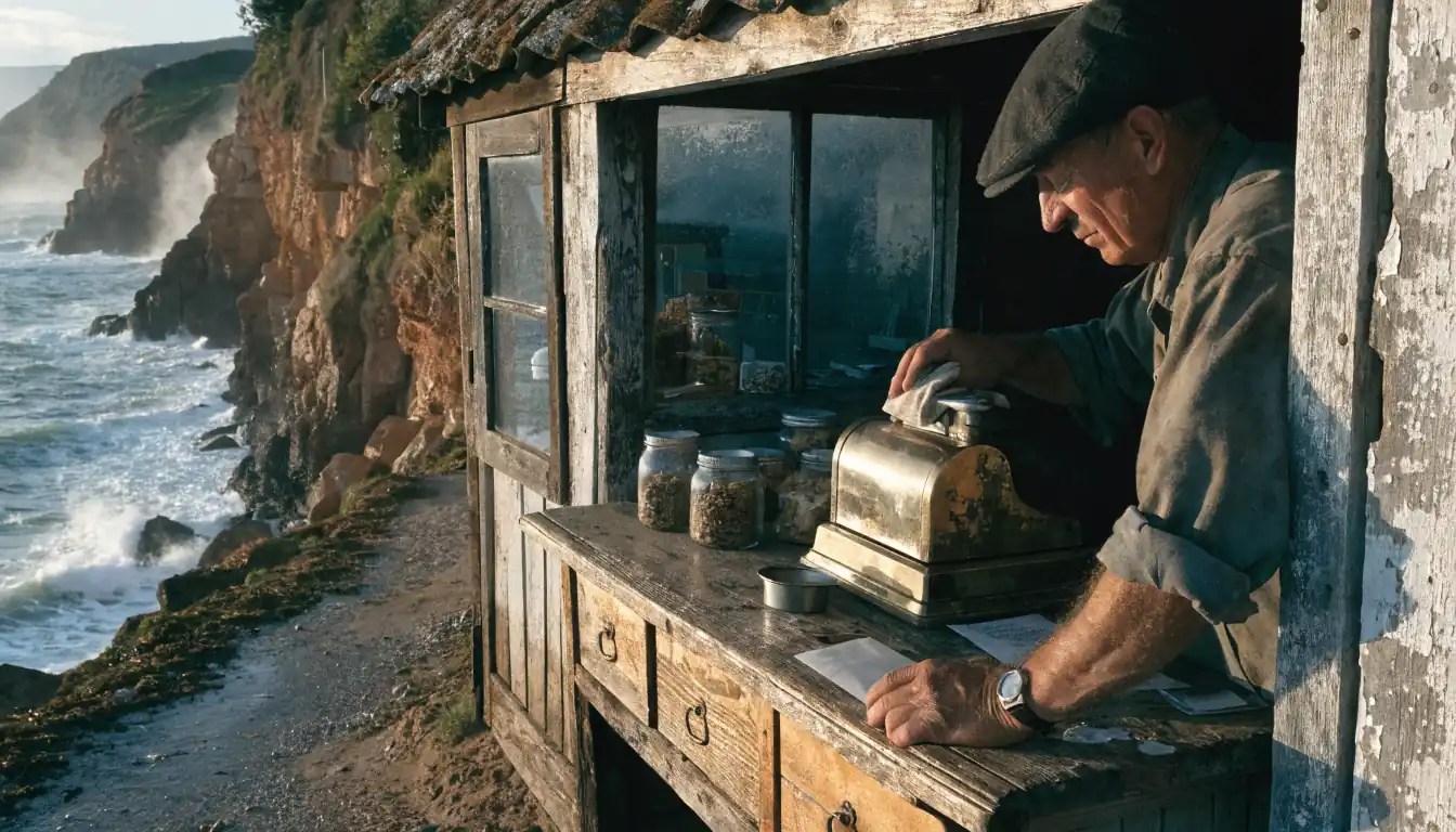 Shopkeeper offering sealed envelope on foggy cliffside shop