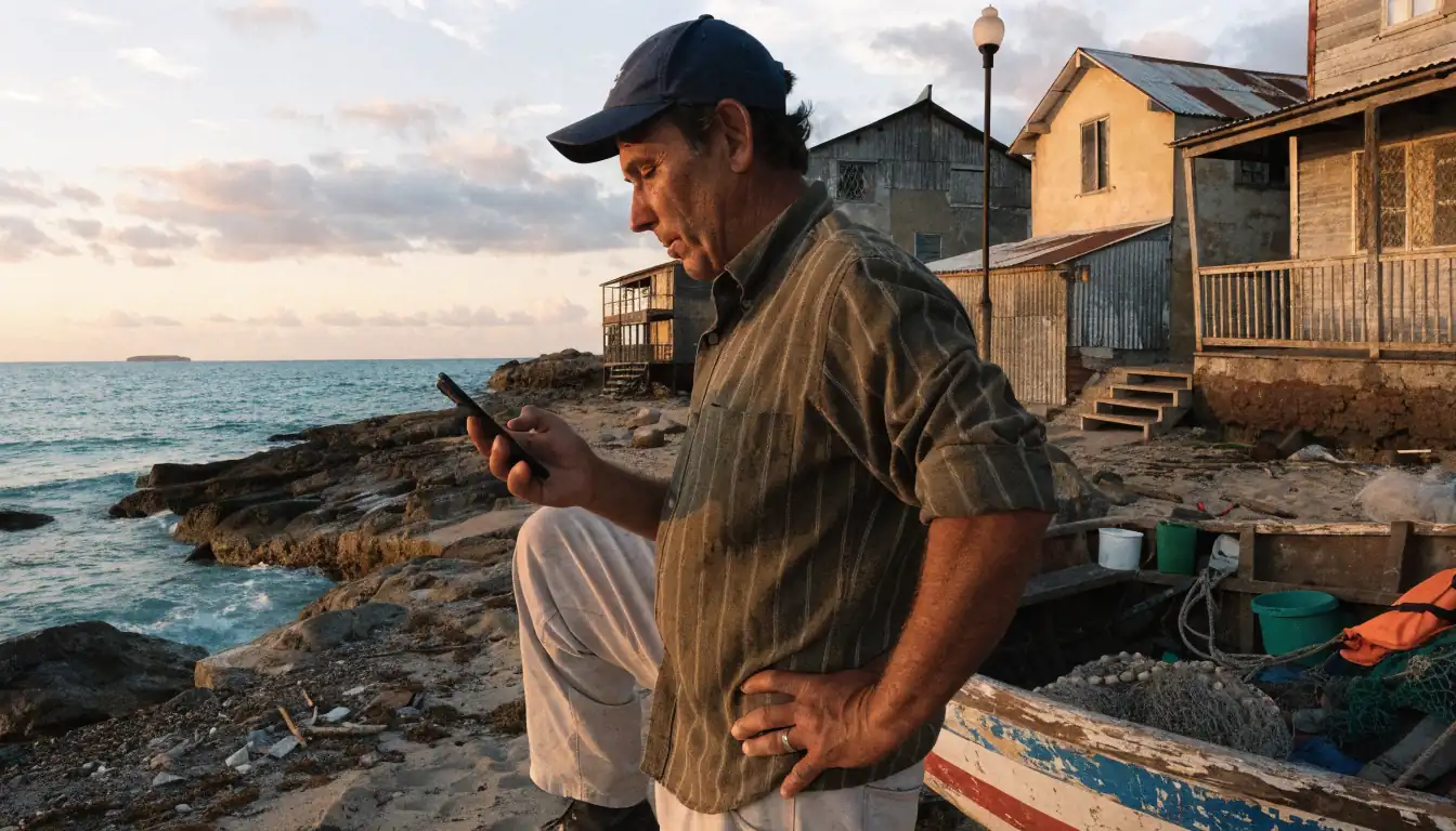 Fisherman using phone for PayID