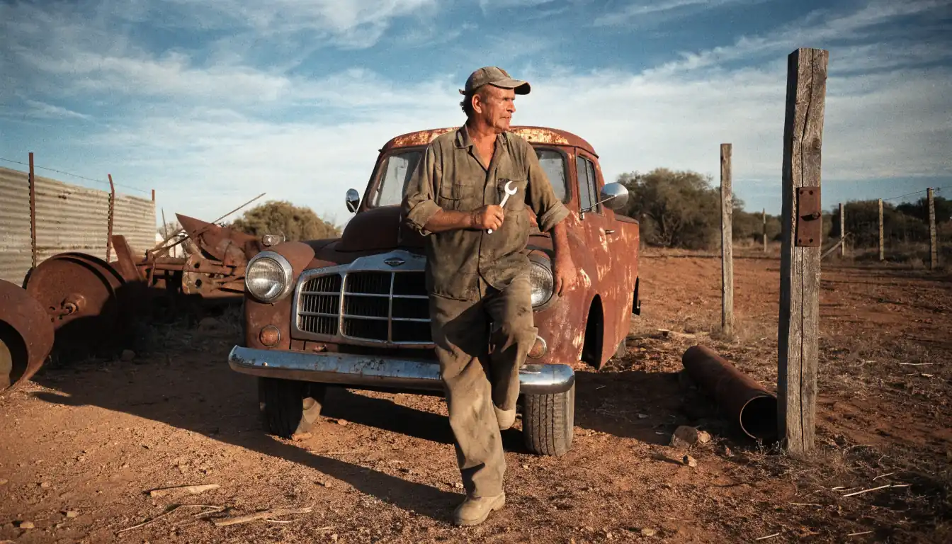 Mechanic beside rusted ute in dusty twilight yard.