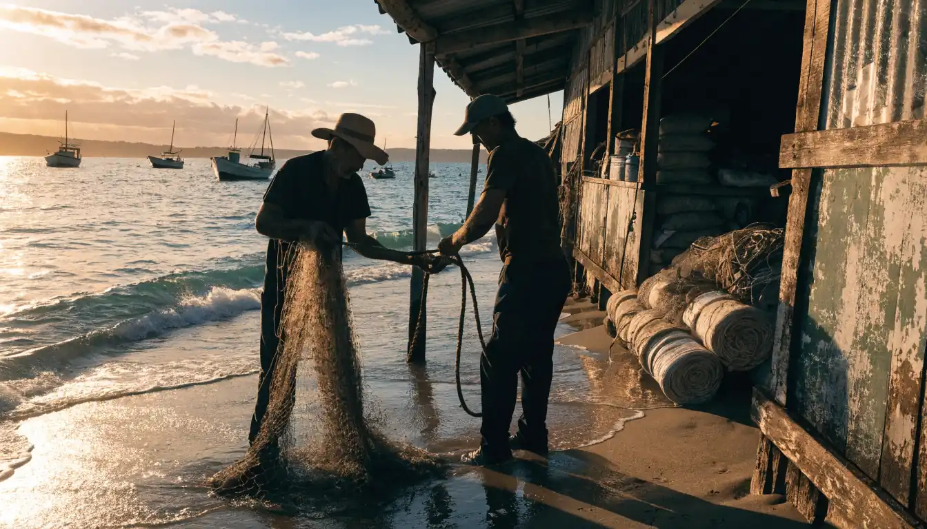 Two beach workers handling nets at sunset.