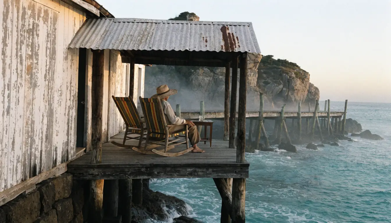 Weathered jetty, misty dawn, lone person on verandah