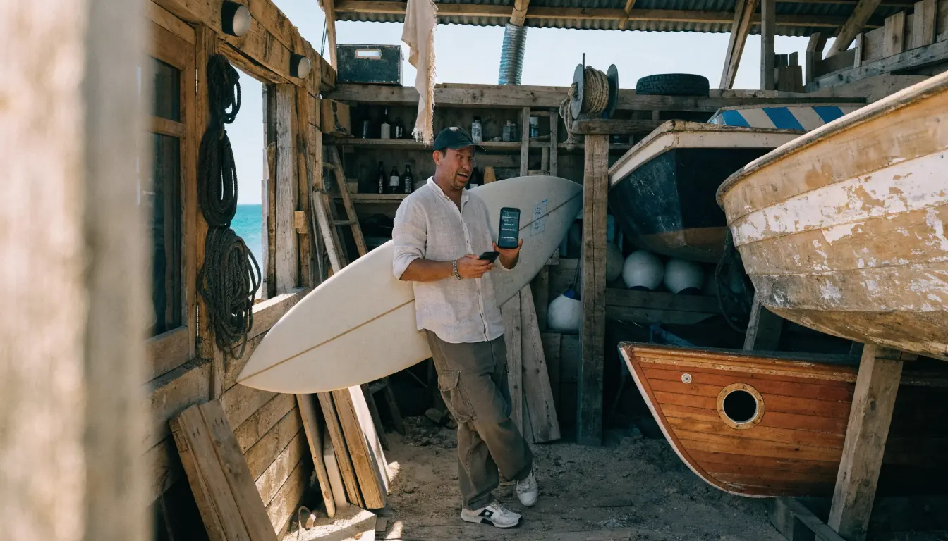Surfer with board checking phone in boat shed