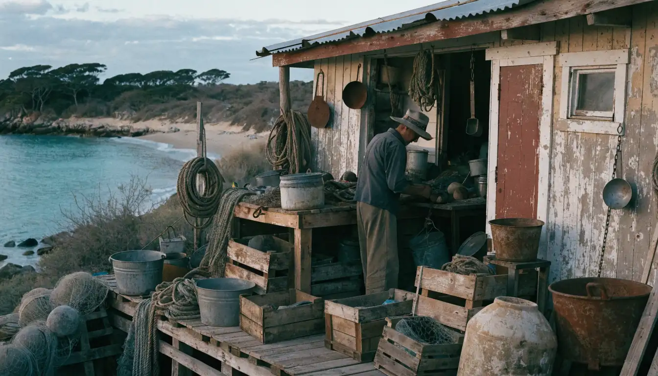Fisherman working at dusk in coastal settlement