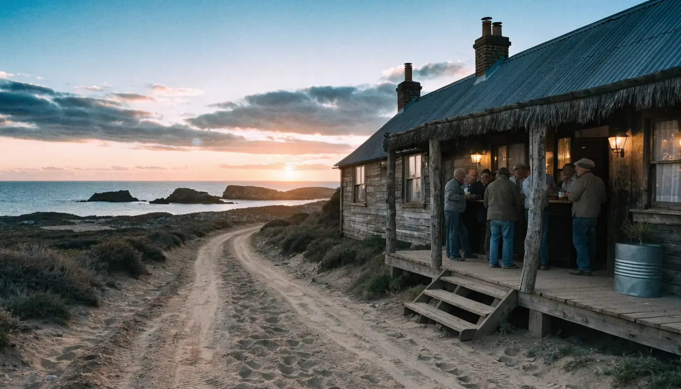 Evening pub on dusty coastal road
