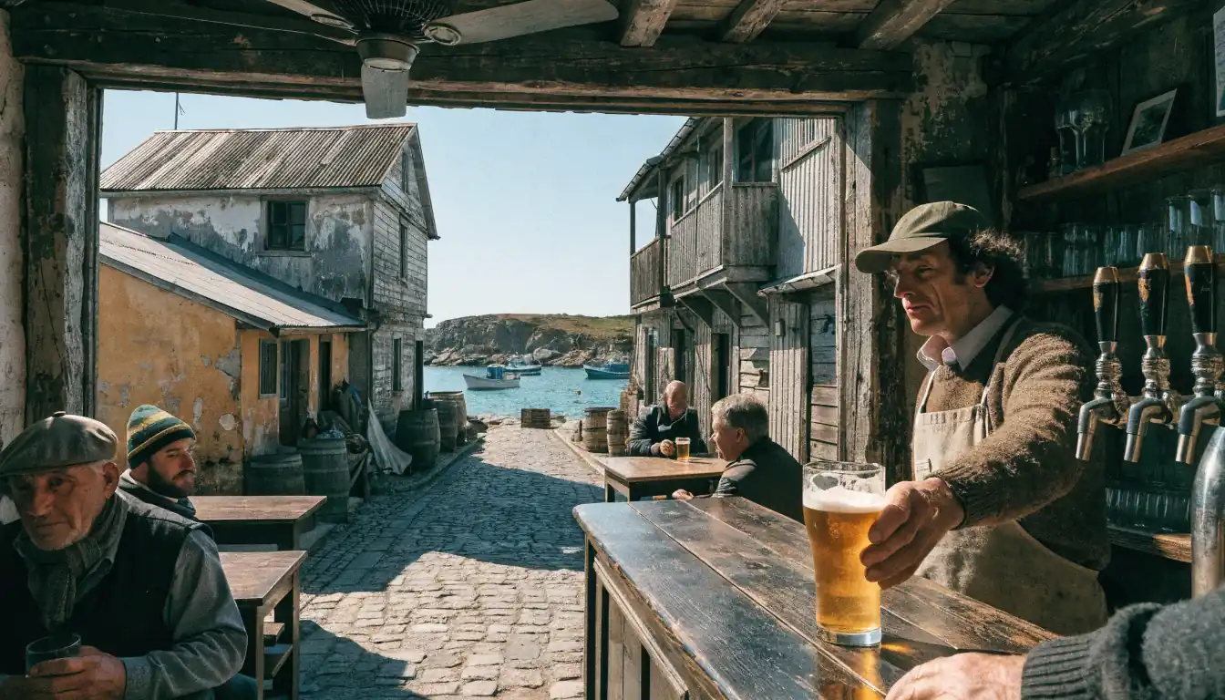 Evening pub in fishing settlement, bartender serving