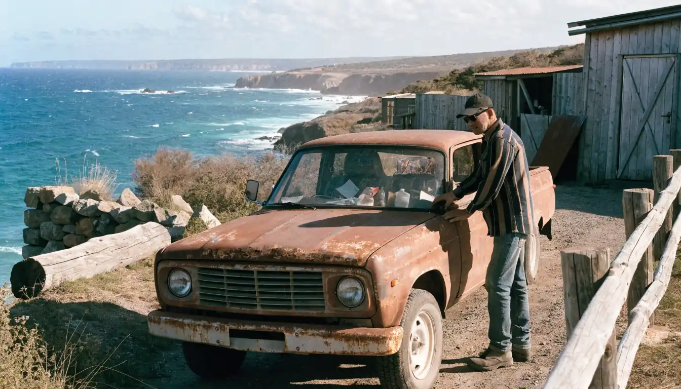 Mechanic beside old ute on cliff road
