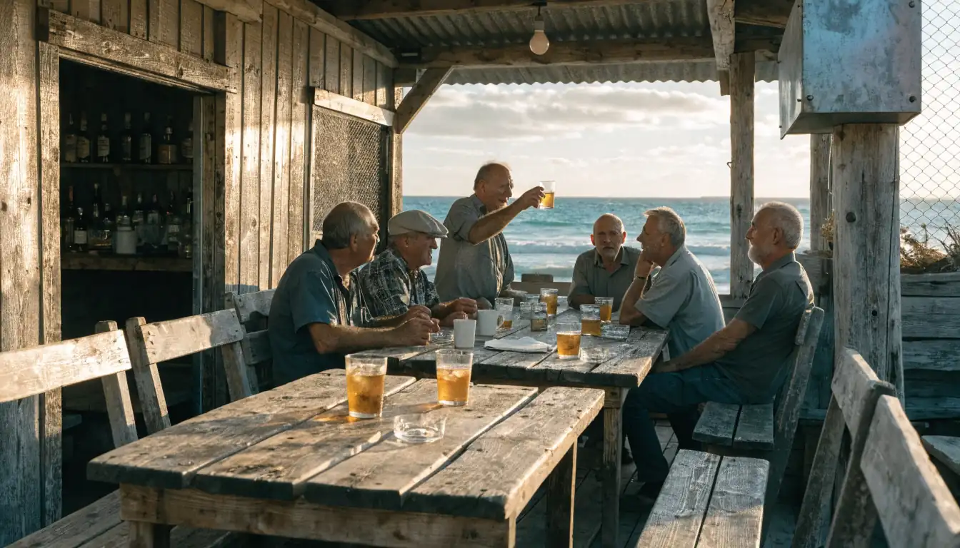 Sunset beach pub with locals chatting.
