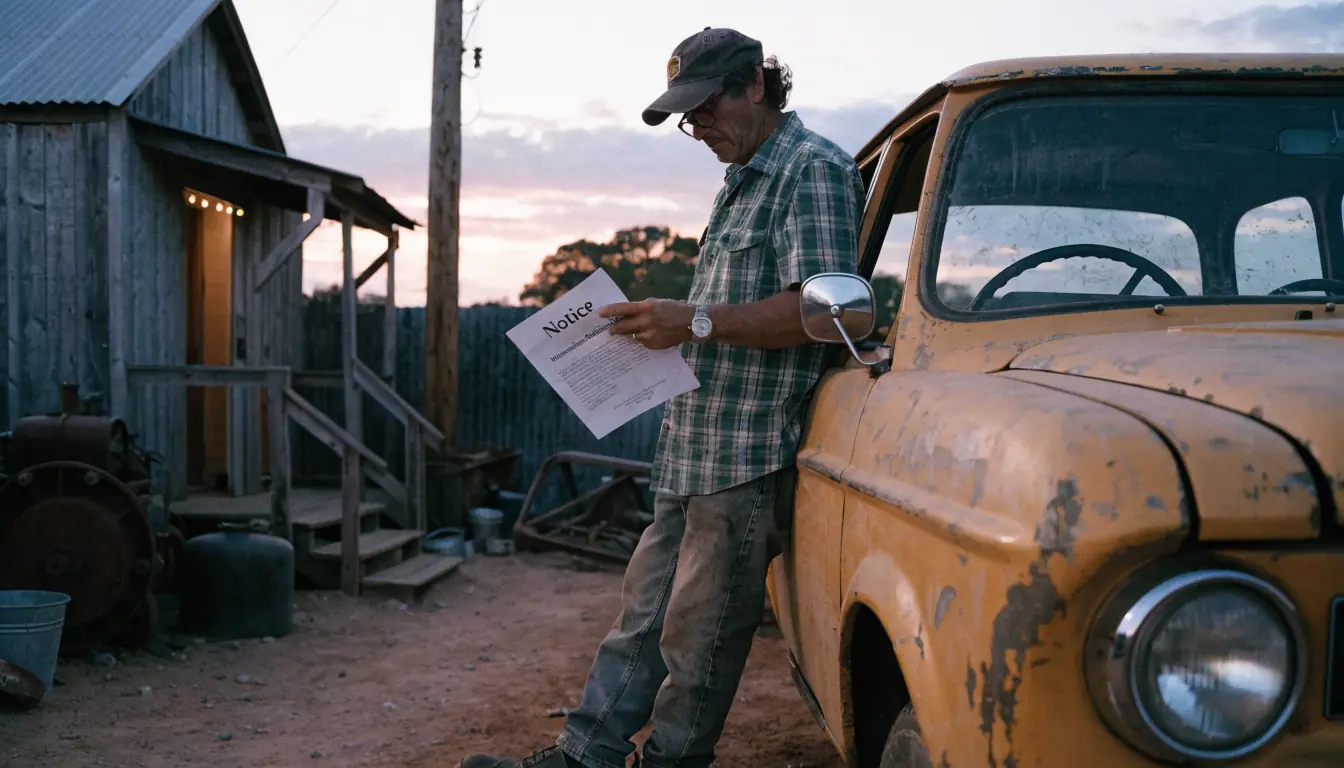 Mechanic with legal notice beside rusted ute.