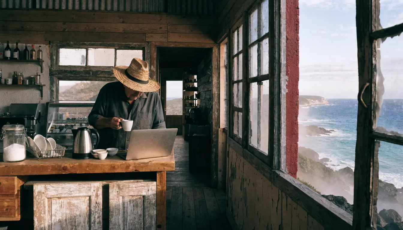 Coastal kitchen at dawn with shopkeeper behind counter