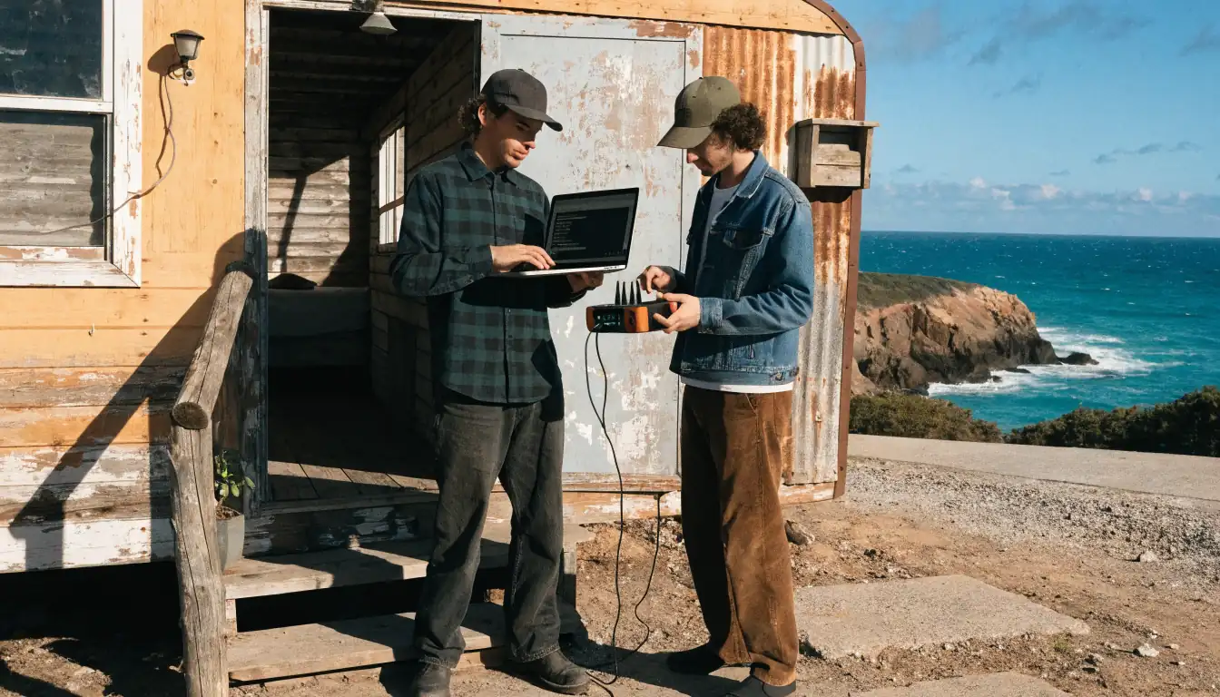Two people setting up VPN at trailer