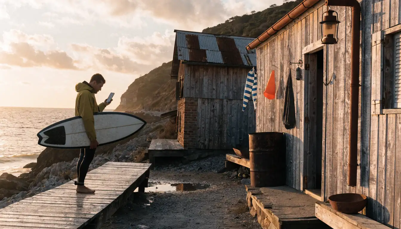 Surfer checking VPN on jetty at sunset